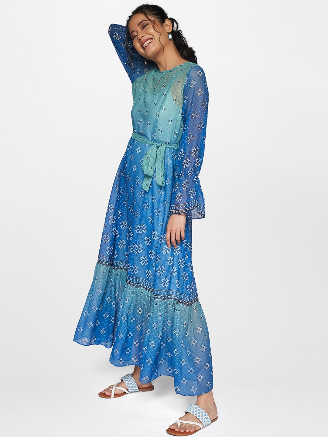 Global Desi Blue & Green Ethnic Motifs A-Line Maxi Dress With Waist- Tie Up