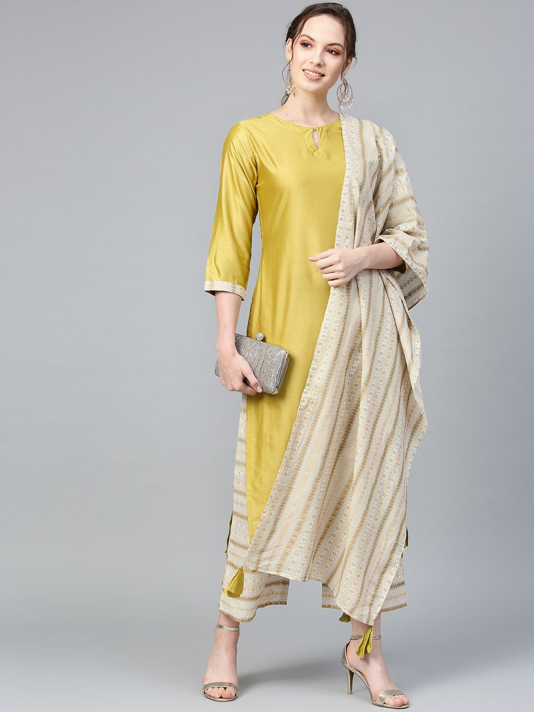Indo Era Muted Dandelion Ethnic Stripes Keyhole Kurta Set with Stole