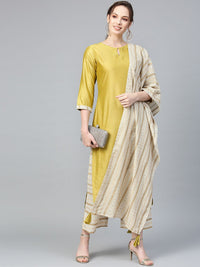 Indo Era Muted Dandelion Ethnic Stripes Keyhole Kurta Set with Stole