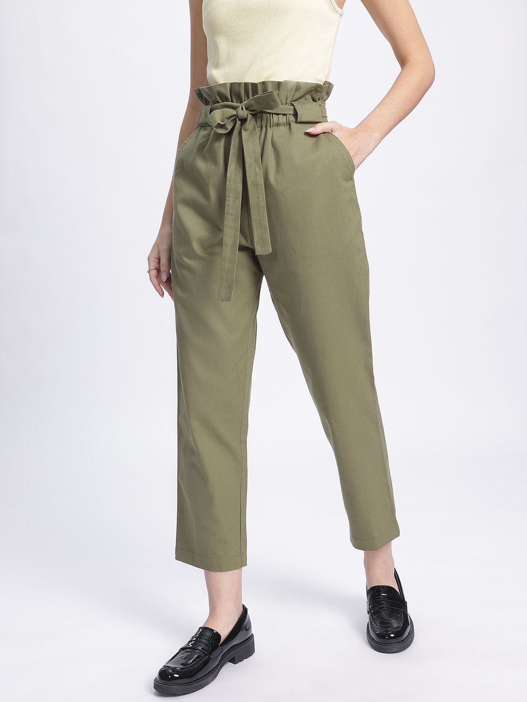 DressBerry Women Retro Rave Paperbag Waist Cropped Trousers