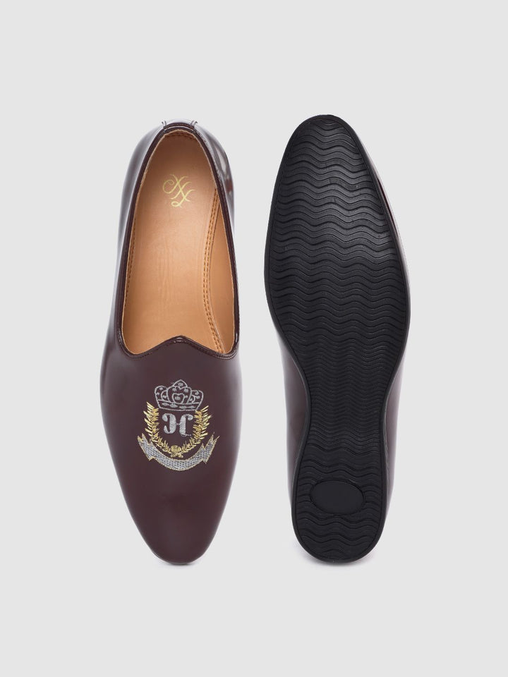 House of Pataudi Men Burgundy Solid Mojaris with Embroidered Detail