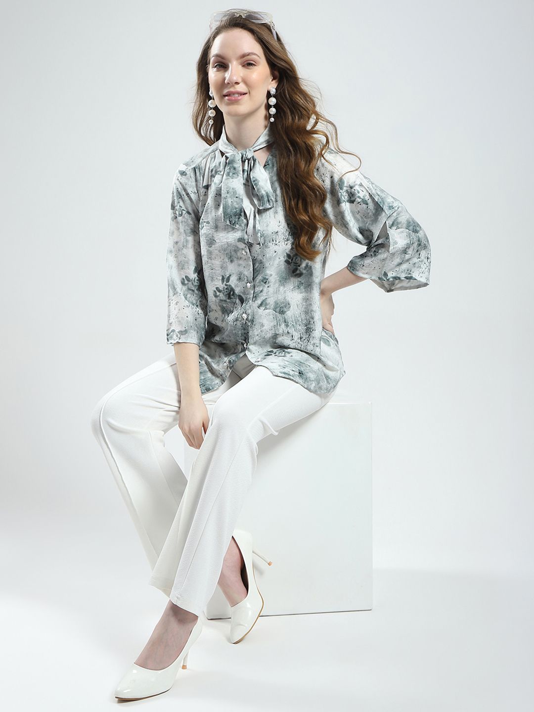Monte Carlo Printed Tie-Up Neck Shirt Style Top