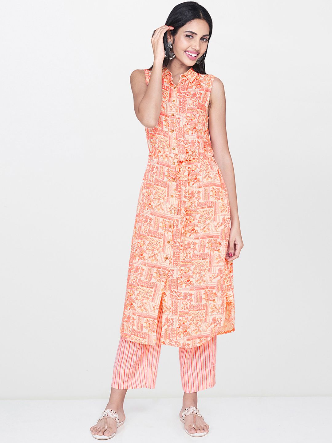 Global Desi Women Cream-Coloured & Pink Printed Kurta with Trousers