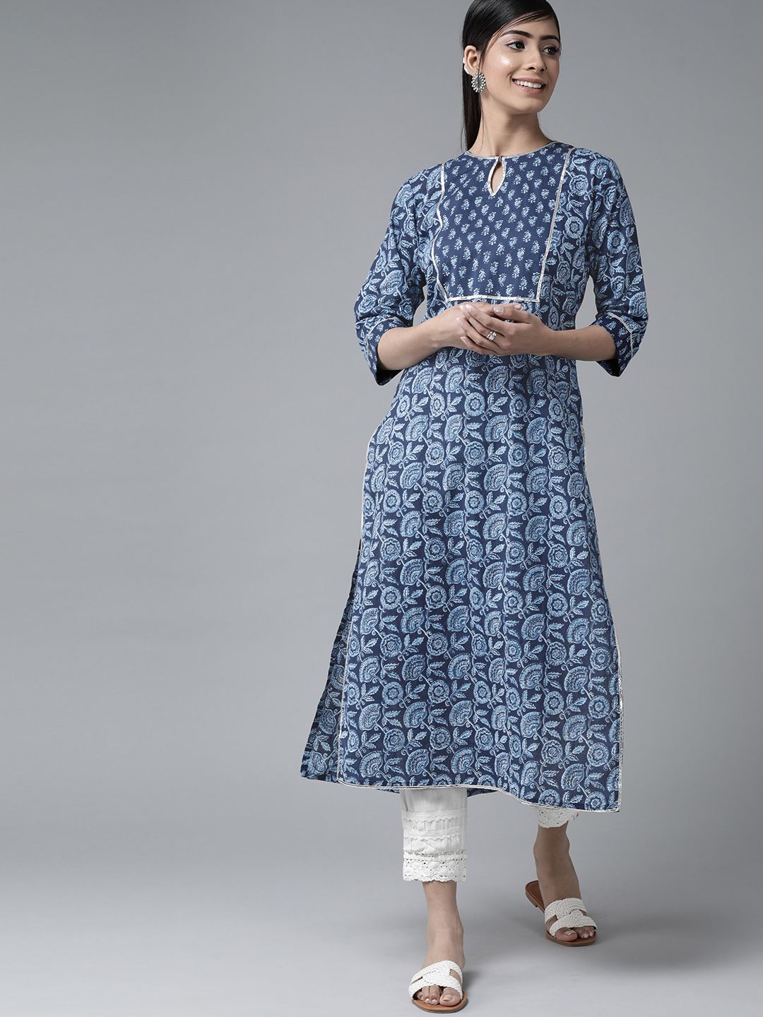 Libas Women Blue Floral Printed Keyhole Neck Gotta Patti Kurta