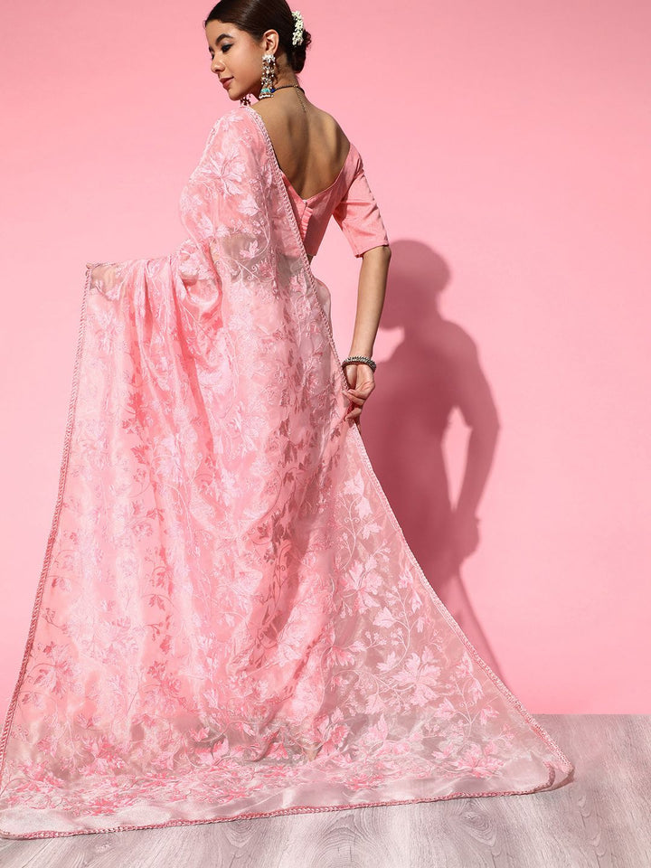 Saree mall Pink Floral Embroidered Organza Sarees