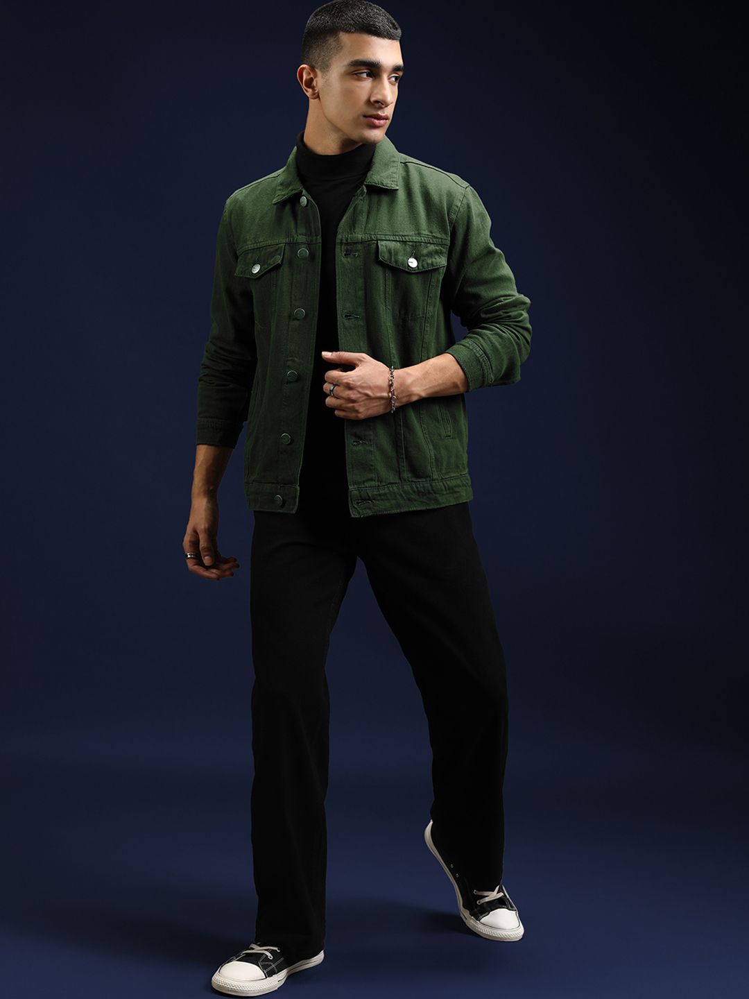 Highlander Men Jaket Denim Pepejal Hijau