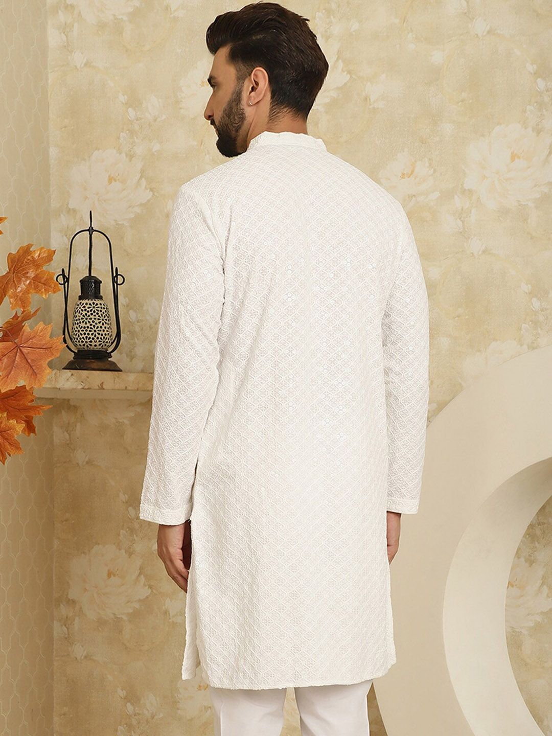 SOJANYA Ethnic Motifs Embroidered Sequinned Mandarin Collar Pure Cotton Kurta