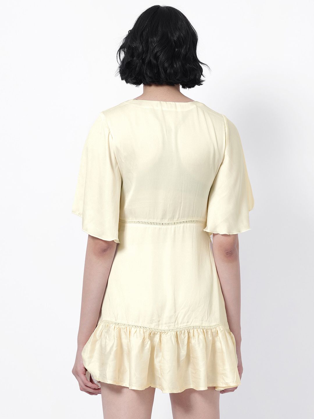 RAREISM V-Neck Flared Sleeves Cotton A-Line Mini Dress