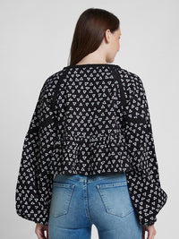 SPYKAR Geometric Printed V-Neck Puff Sleeves Cotton Regular Top