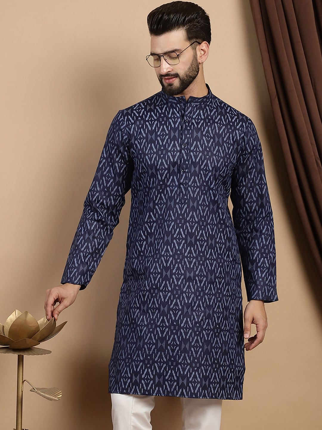Anouk Abstrak Kolar Mandarin Bercetak Kapas Tulen Kurta Lurus