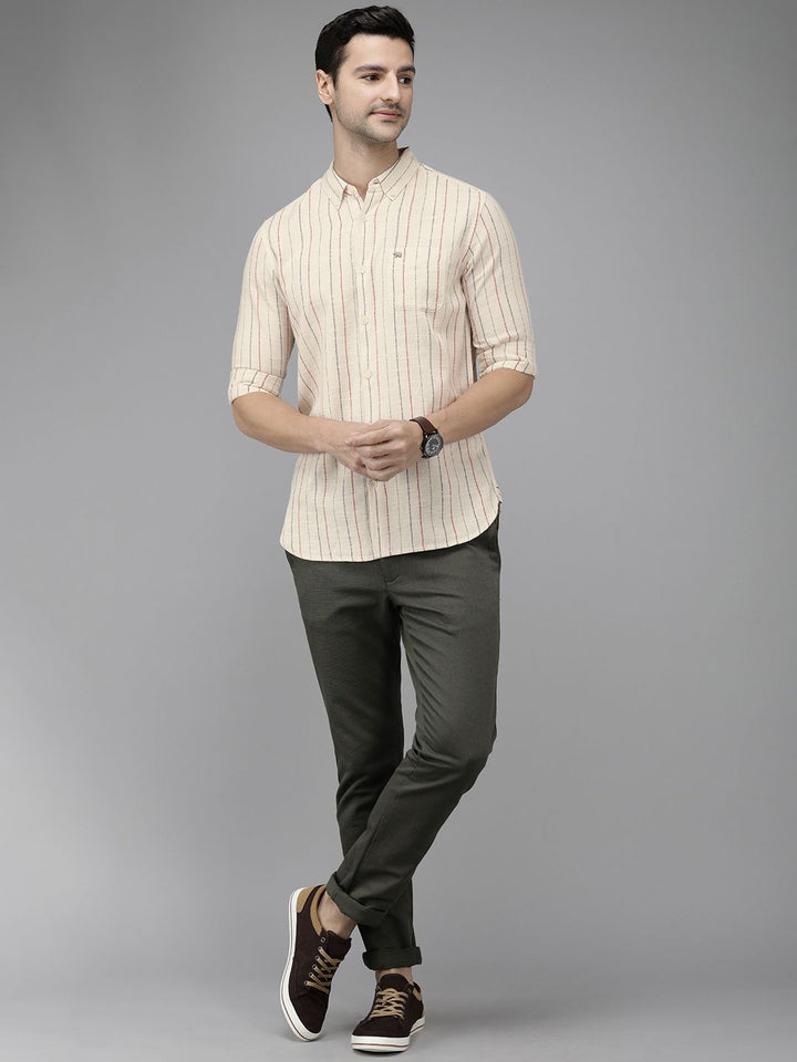 THE BEAR HOUSE Men Beige Linen Cotton Slim Fit Striped Casual Shirt