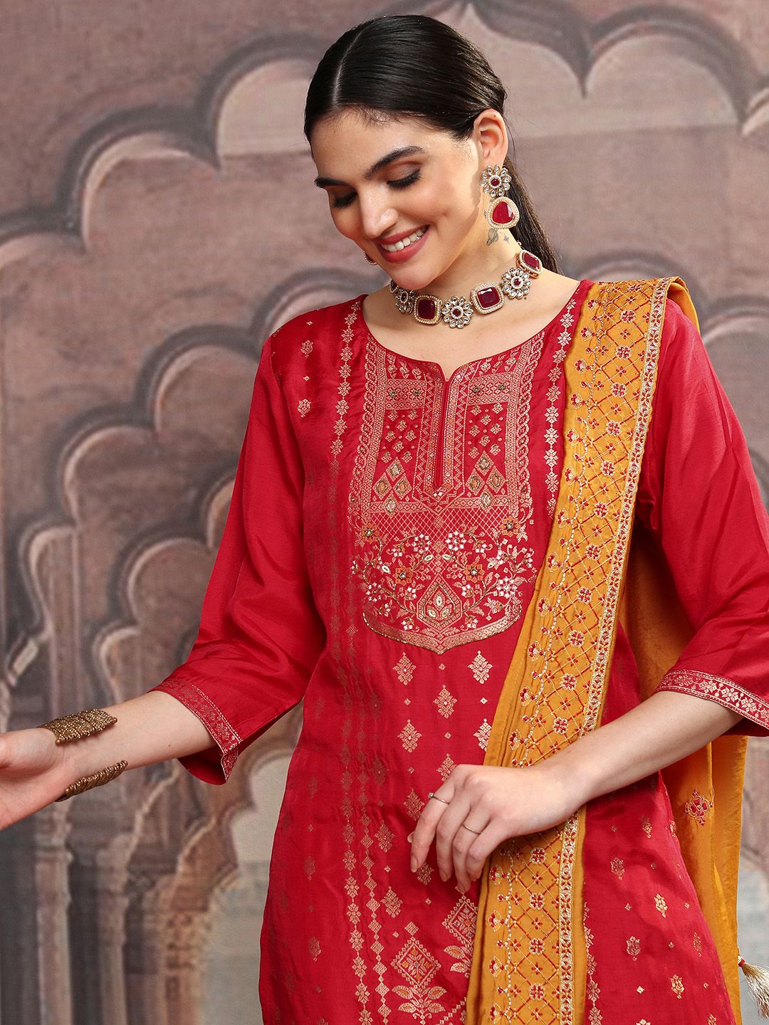 Vishudh Pink Ethnic Motifs Printed Sequinned Straight Kurta With Trousers & Dupatta