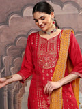 Vishudh Pink Ethnic Motifs Printed Sequinned Straight Kurta With Trousers & Dupatta
