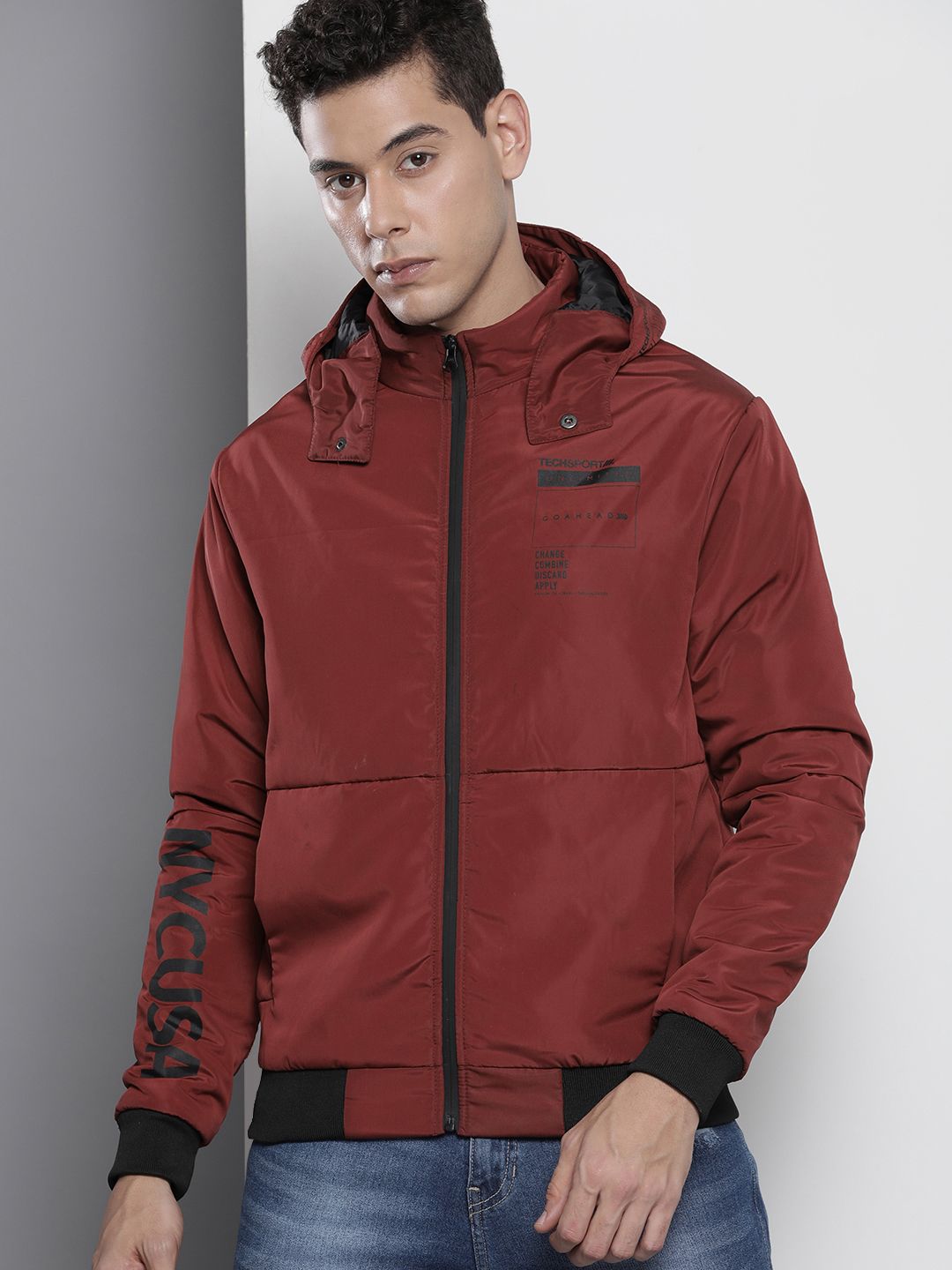 The Indian Garage Co Men Zip-Front Bomber Jacket with Detachable Hood
