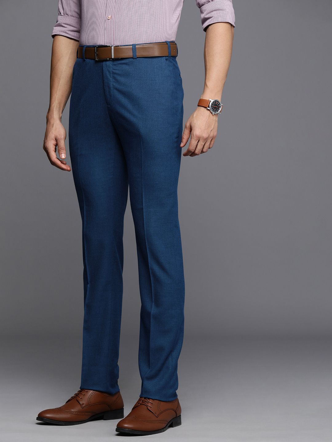 Raymond Men Blue Textured Slim Fit Mid-Rise Formal Trousers
