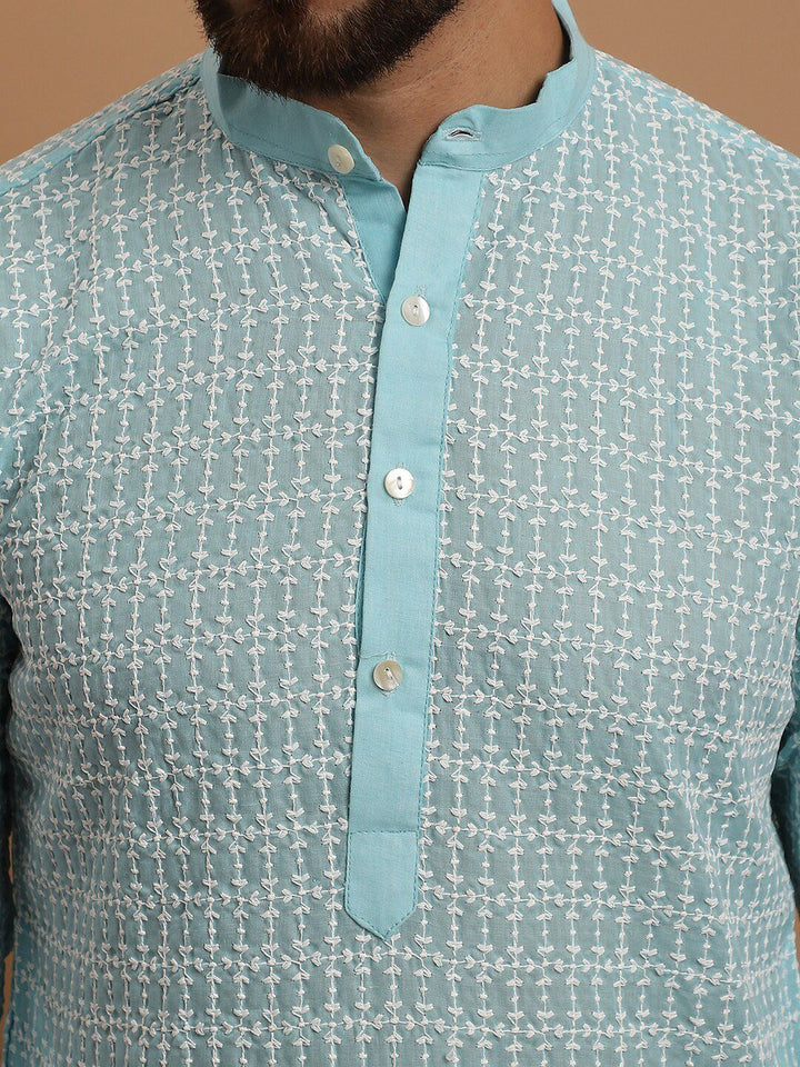 SOJANYA Men Blue Ethnic Motifs Embroidered Regular Thread Work Pure Cotton Kurta with Pyjamas