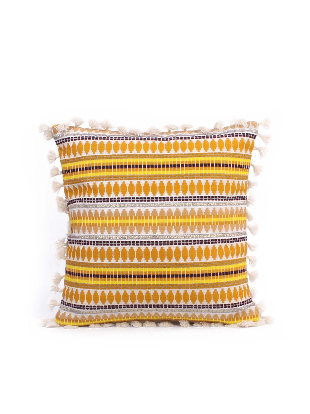 STITCHNEST Yellow & White Ethnic Motifs Velvet Square Cushion Cover