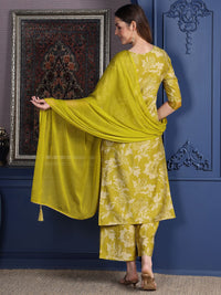 Kalini Floral Printed Notch Mirror Work Kurta Lurus Dengan Palazzo & Dupatta