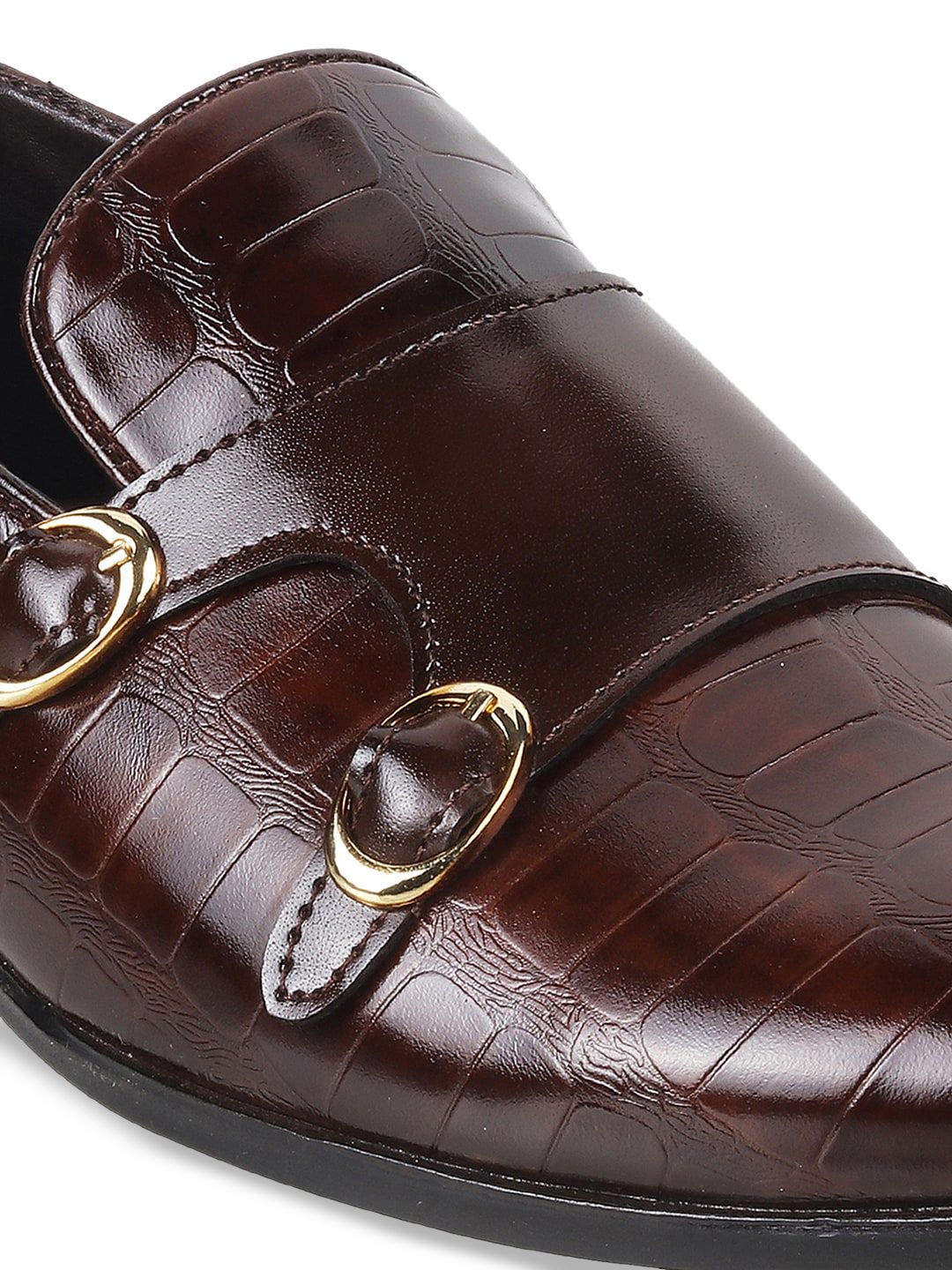 Mochi Men Textured Leather Formal Monk Shoes With Buckle Detail
