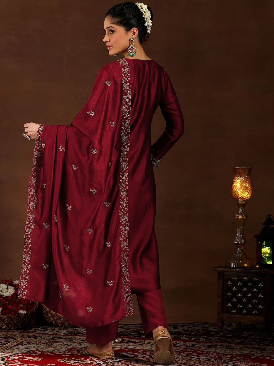 Libas Women Embroidered Regular Sequinned Kurta with Trousers & With Dupatta