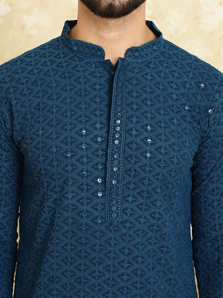 SOJANYA Men Teal Thread Work Kurta