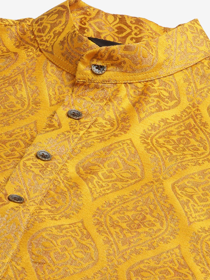 SOJANYA Men Mustard Ethnic Motifs Kurta with Churidar & Nehru Jacket