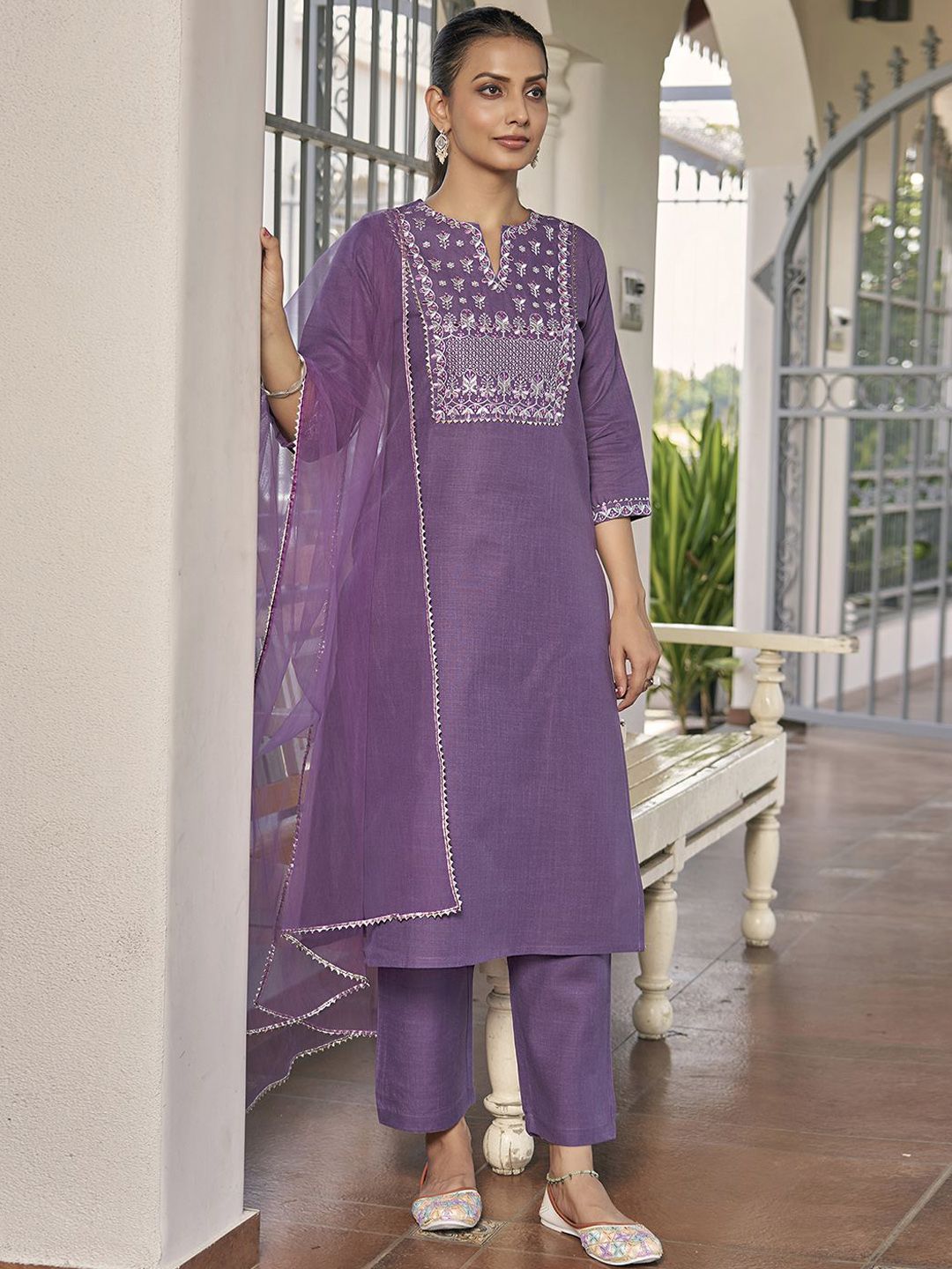 KALINI Floral Embroidered Regular Thread Work Straight Kurta With Trousers & Dupatta