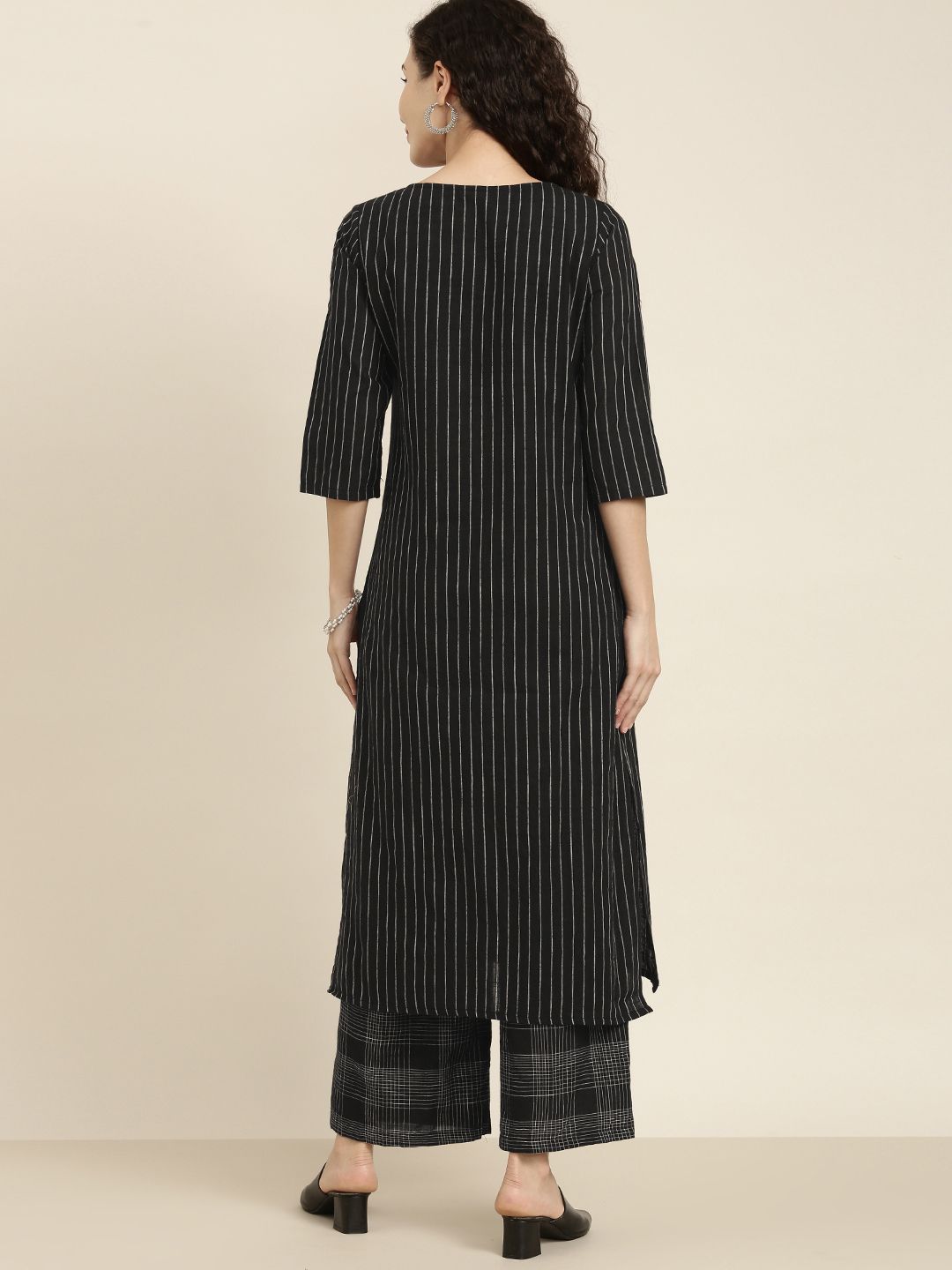 Vishudh Women Black & Off-White Striped Kurta with Palazzos