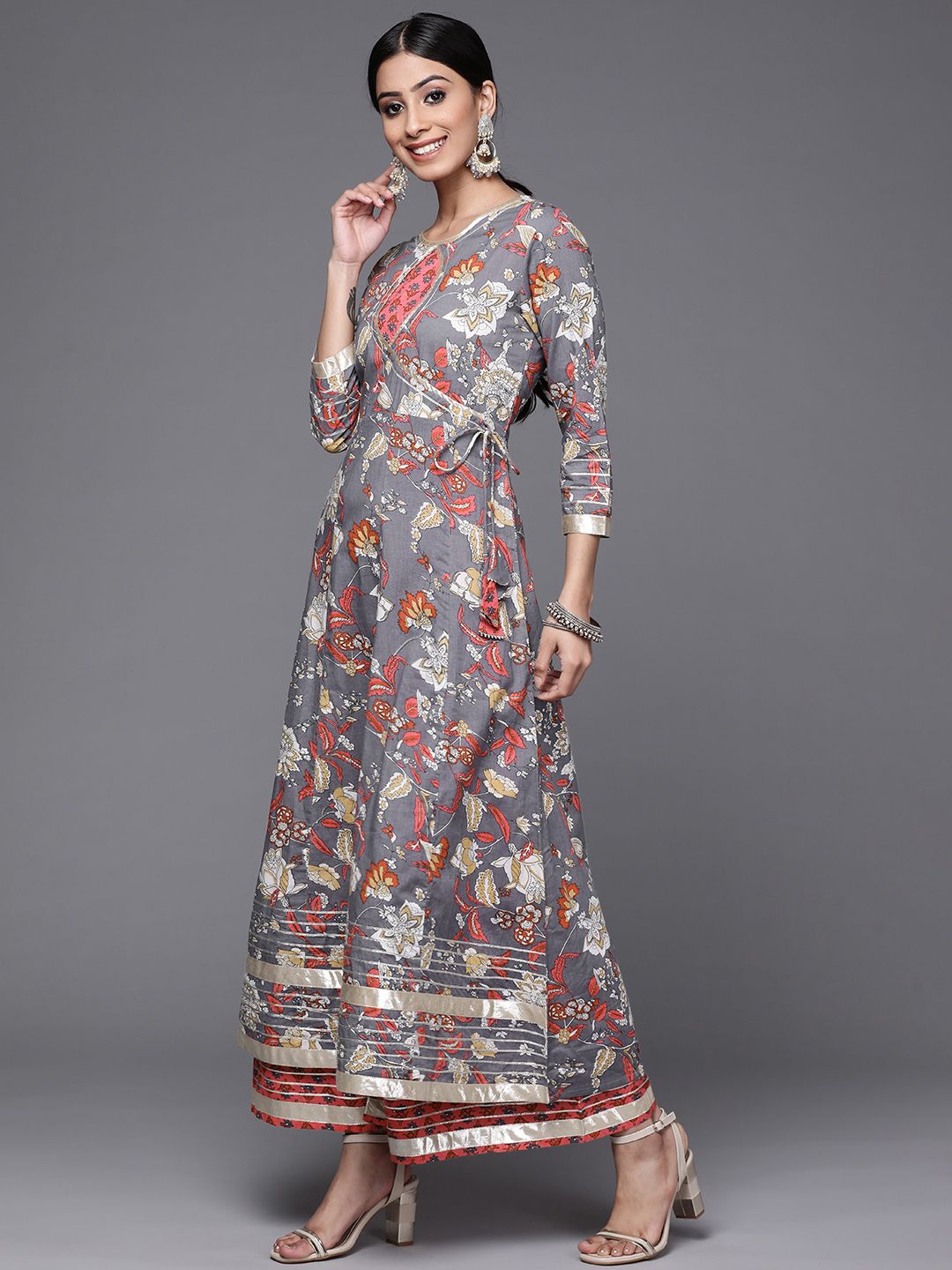 Varanga Women Grey & Pink Floral Print Angrakha Gotta Patti Pure Cotton Kurta with Sharara