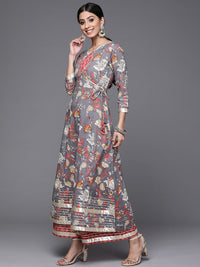 Varanga Women Grey & Pink Floral Print Angrakha Gotta Patti Pure Cotton Kurta with Sharara