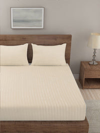 KLOTTHE Cream Striped Cotton 300 TC King Fine Bedsheet with 2 Pillow Covers-98 x 87 inches