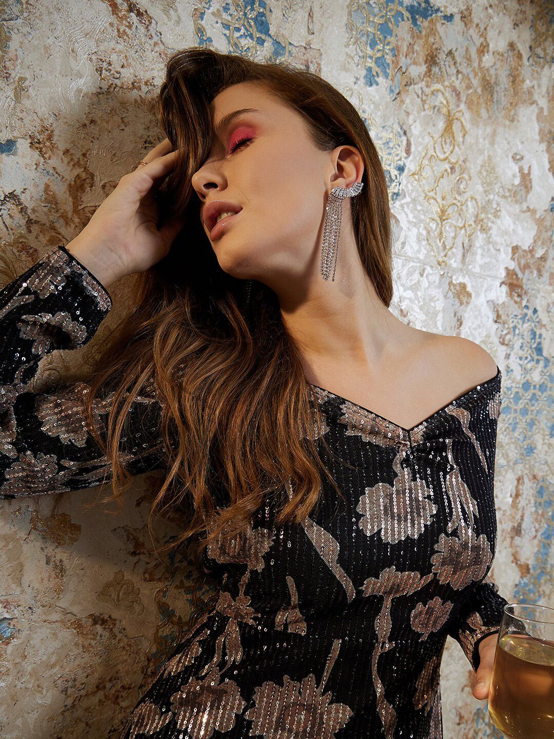 Athena Black Abstract Printed Off Shoulder Sequinned A-Line Dress