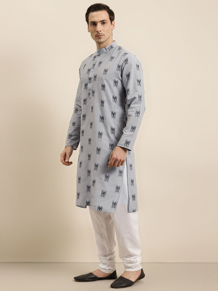 Sojanya Lelaki Grey & Black Ikat Woven Design Pure Cotton Kurta