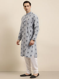 Sojanya Lelaki Grey & Black Ikat Woven Design Pure Cotton Kurta