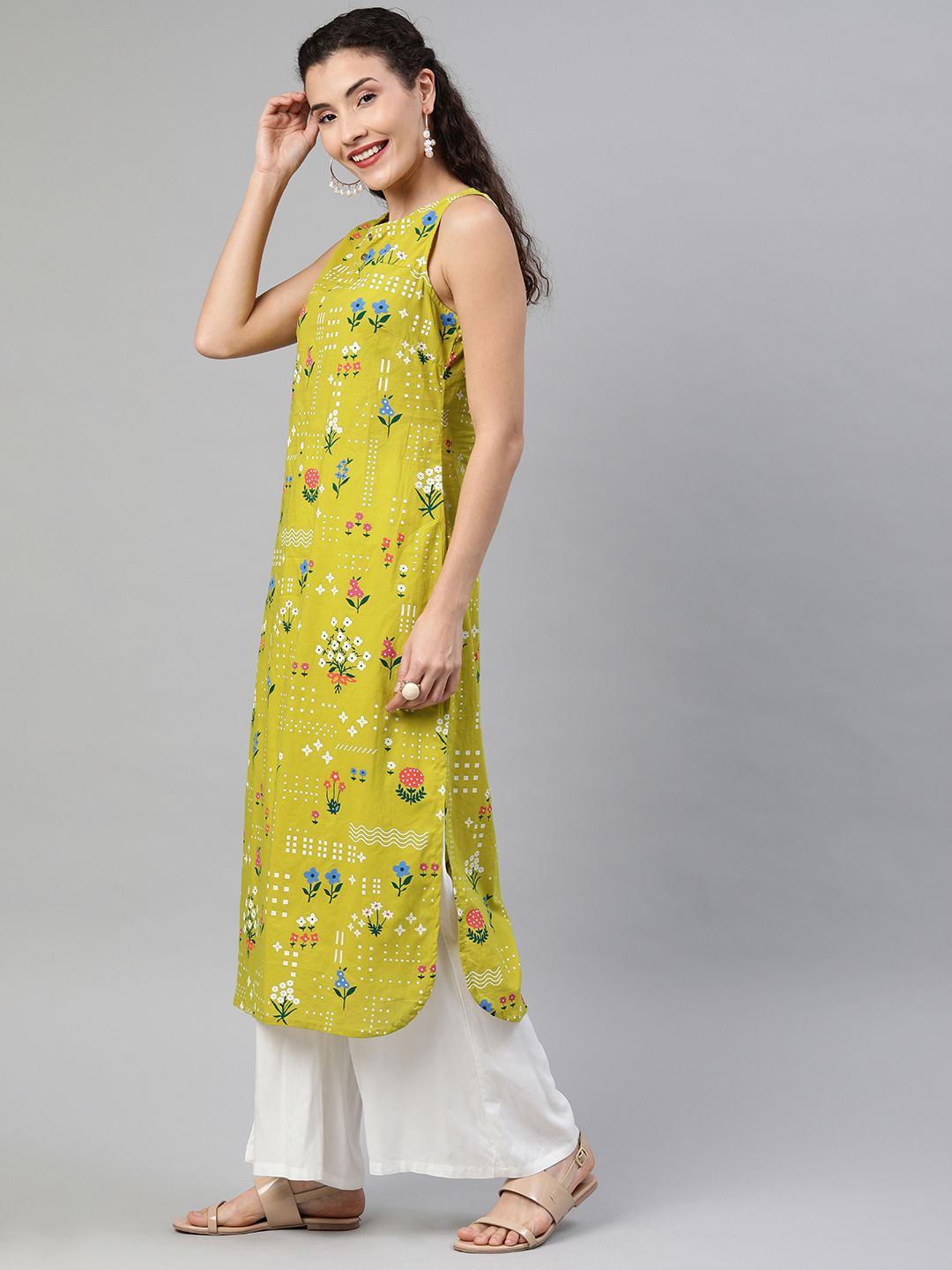 Anouk Women Green & White Floral Printed Boat Neck Straight Kurta