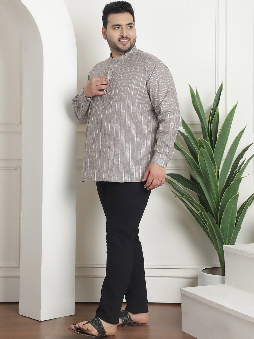 SOJANYA PLUS PLus Size Striped Woven Design Band Collar Long Sleeves Cotton Kurta