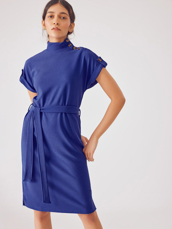 The Label Life High Neck Buttoned Details Sheath Dress With Belt