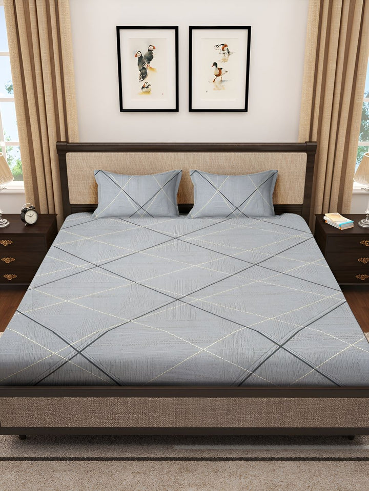 KLOTTHE Grey Geometric Cotton 300 TC King Bedsheet with 2 Pillow Covers-98 x 89 inches