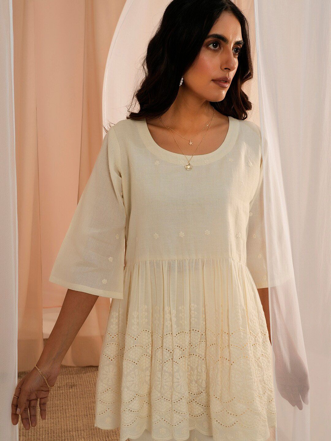 Libas Off White Self Design Round Neck Pure Cotton Flared Anarkali Kurta With Palazzo