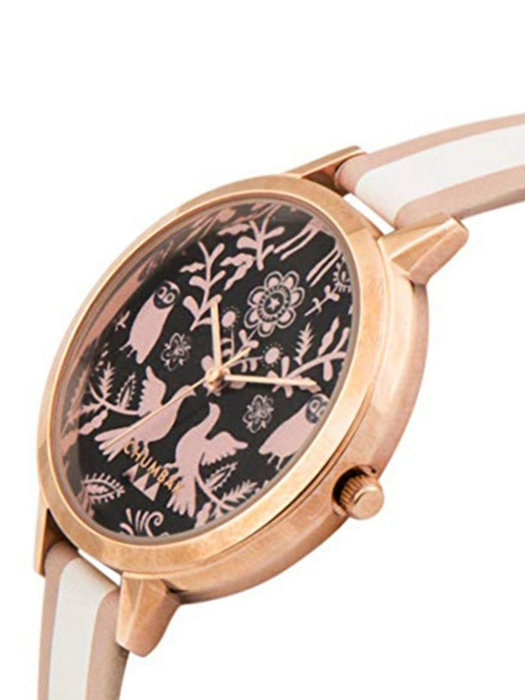 TEAL BY CHUMBAK Women Black Brass Printed Dial & White Leather Bracelet Style Straps Analogue Watch