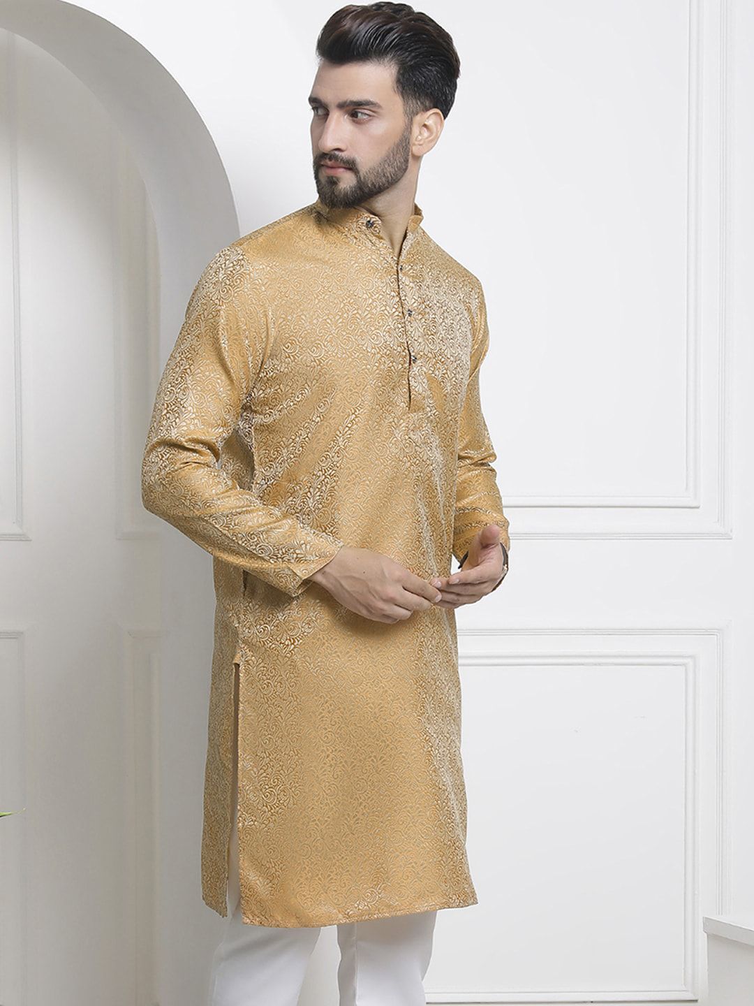 SOJANYA Lelaki Motif Etnik Kuning Mustard Sulam Kurta