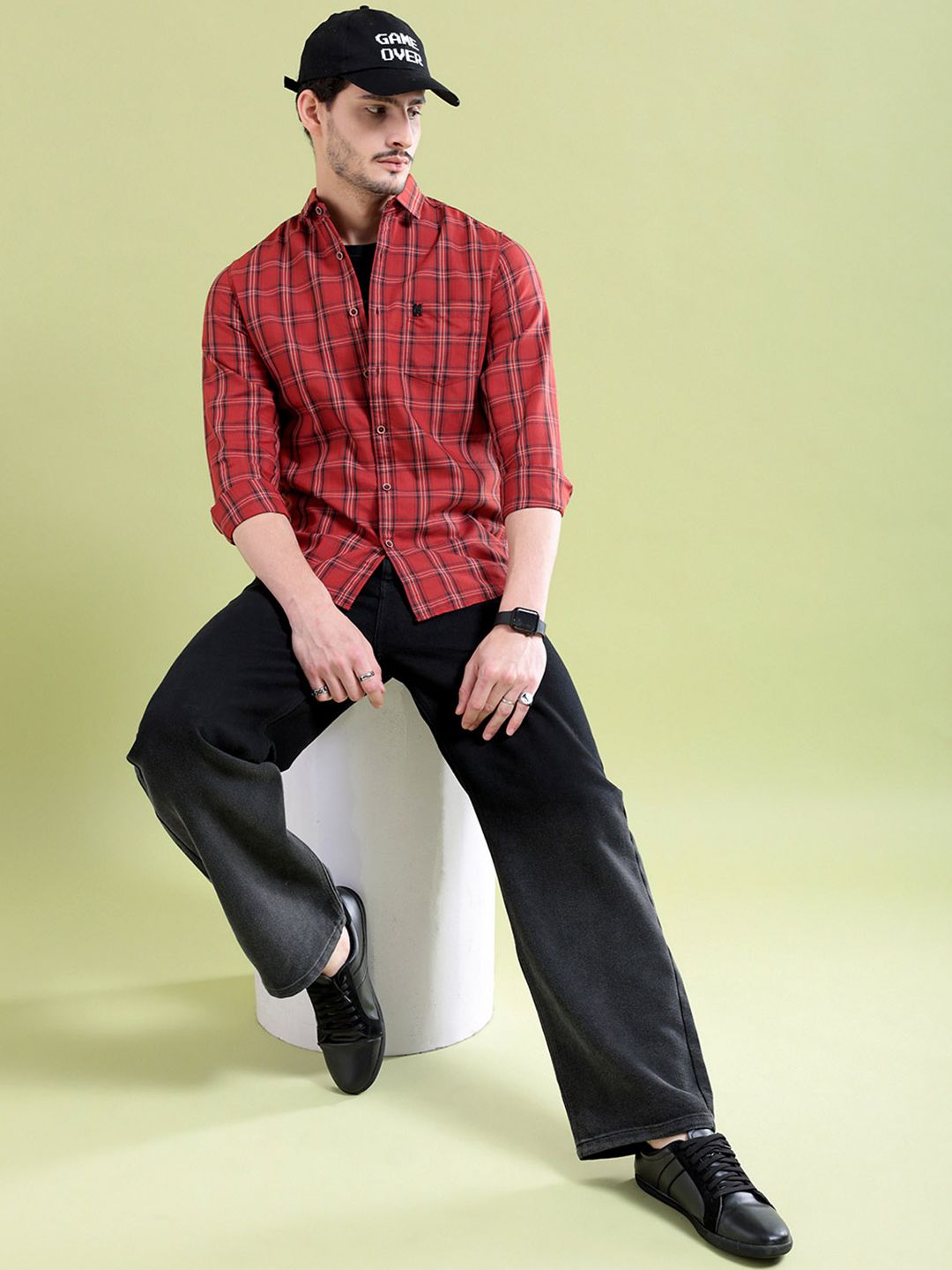 The Indian Garage Co Men Rust Tartan Checked Casual Shirt