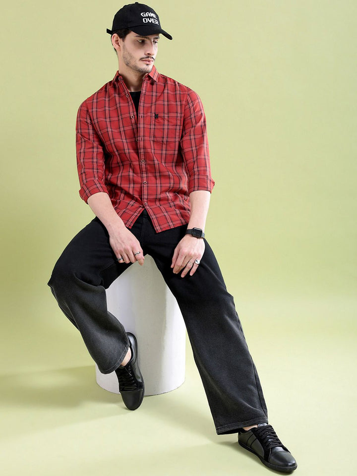 The Indian Garage Co Men Rust Tartan Checked Casual Shirt