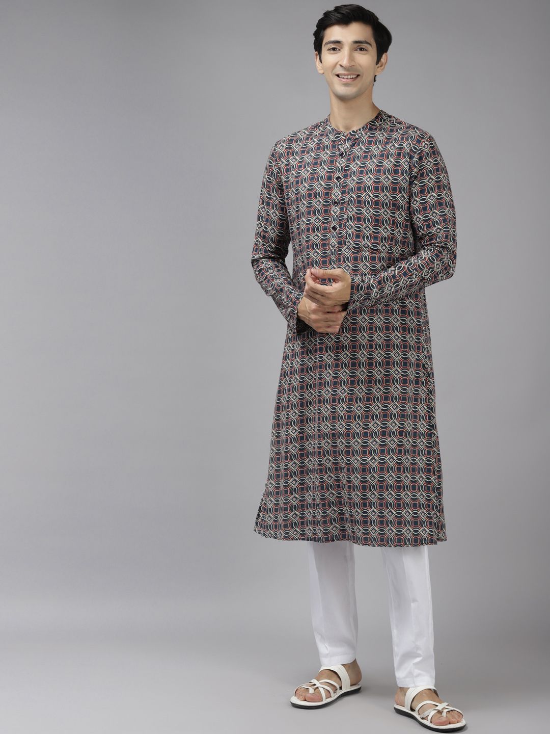 See Designs Men Navy Blue Printed Pure Cotton Kurta with Trousers