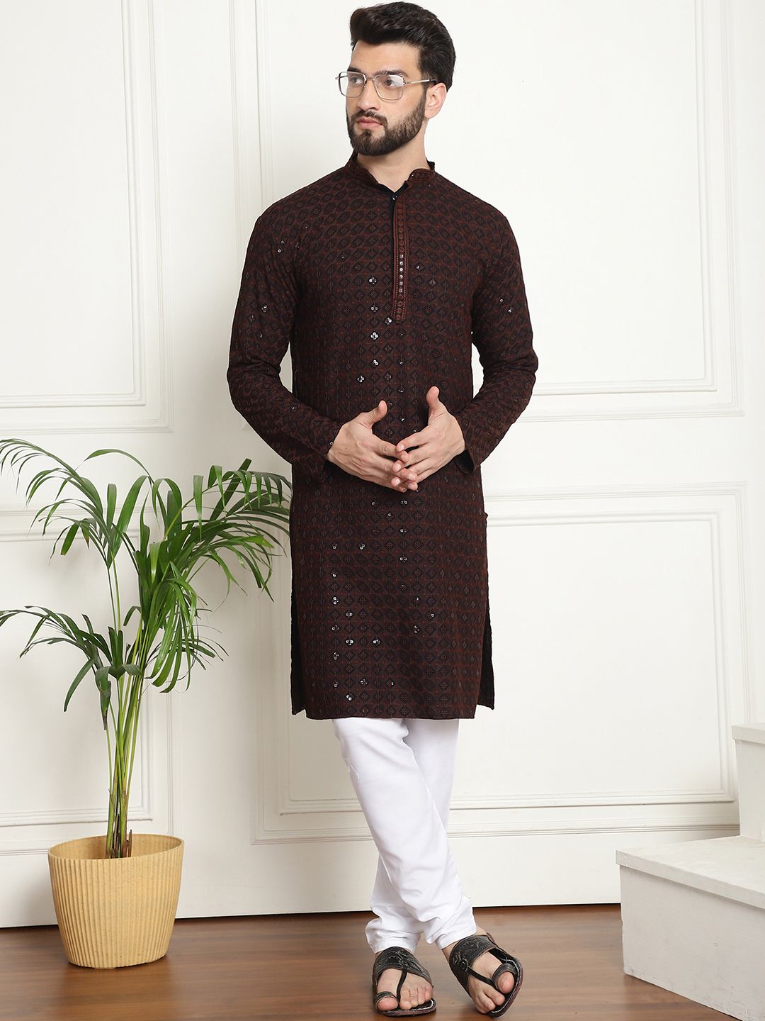 SOJANYA Embroidered Sequinned Pure Cotton Kurta with Churidar