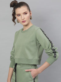 STREET 9 Women Green Solid Crop Sweatshirt With Side Stripes