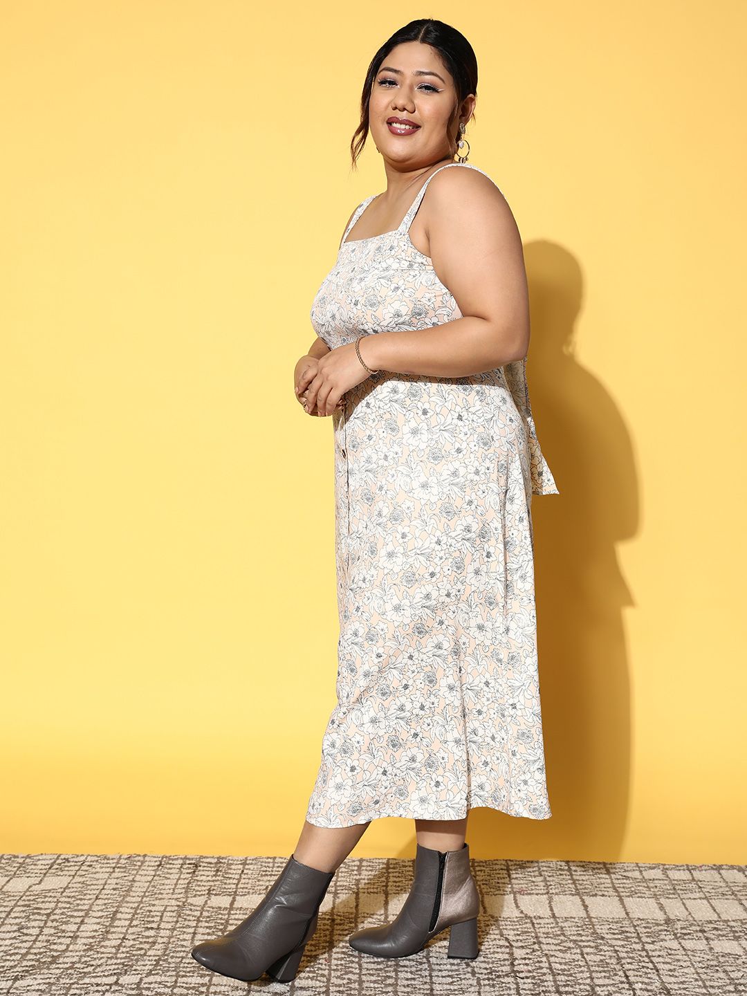 Berrylush Curve Beige & Black Floral Crepe A-line Midi Dress