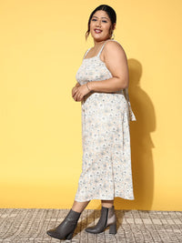 Berrylush Curve Beige & Black Floral Crepe A-line Midi Dress