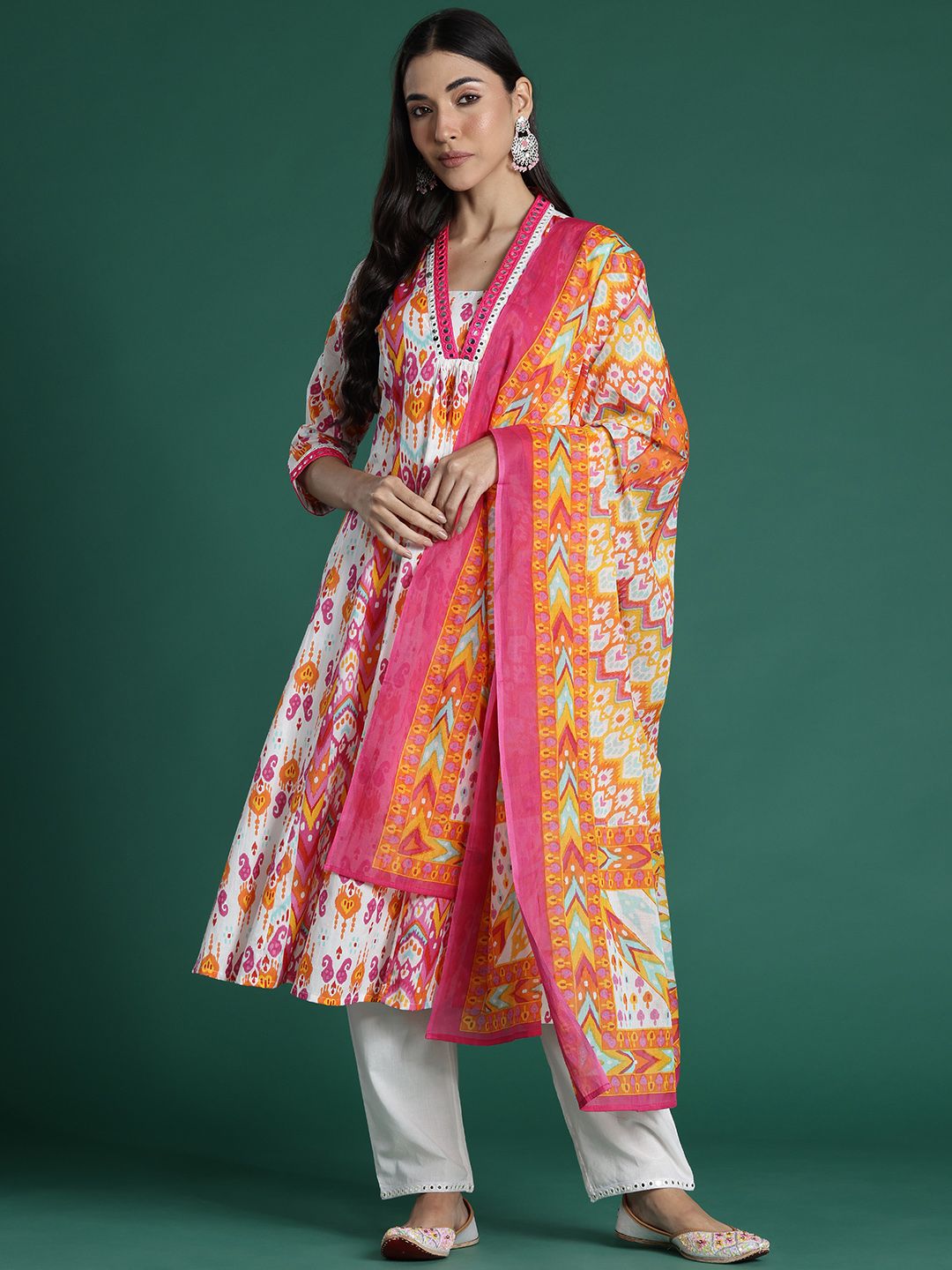 Indo Era Ethnic Motifs Printed Mirror Work Pure Cotton Kurta with Trousers & With Dupatta