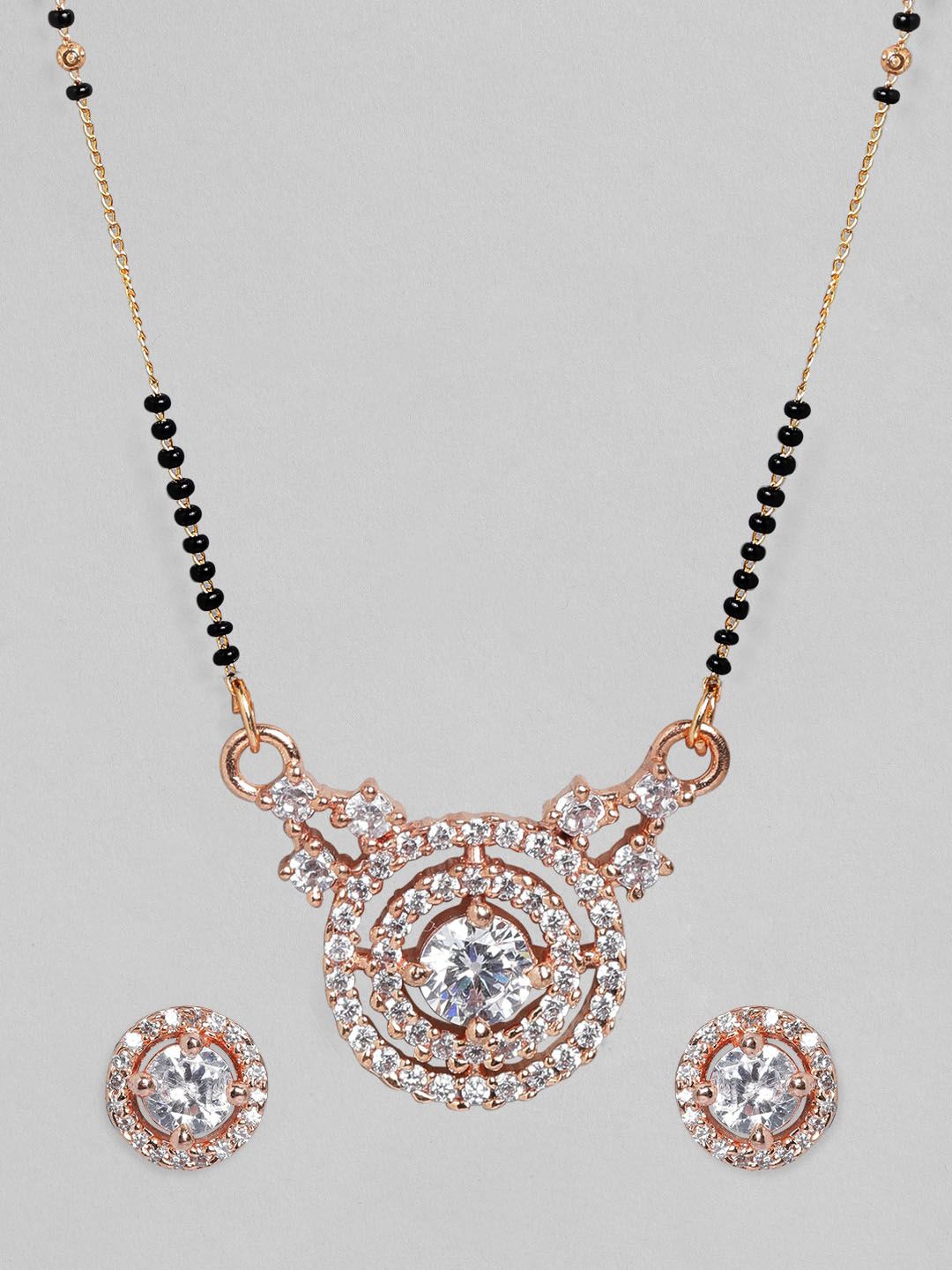 Rubans 18K Rose Gold-Plated Cubic Zirconia Studded Mangalsutra Set with Black Beads
